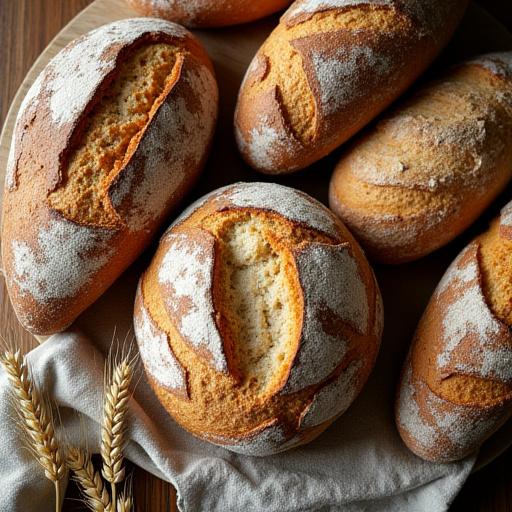 A collection of rustic sourdough and multi-grain bread loaves.